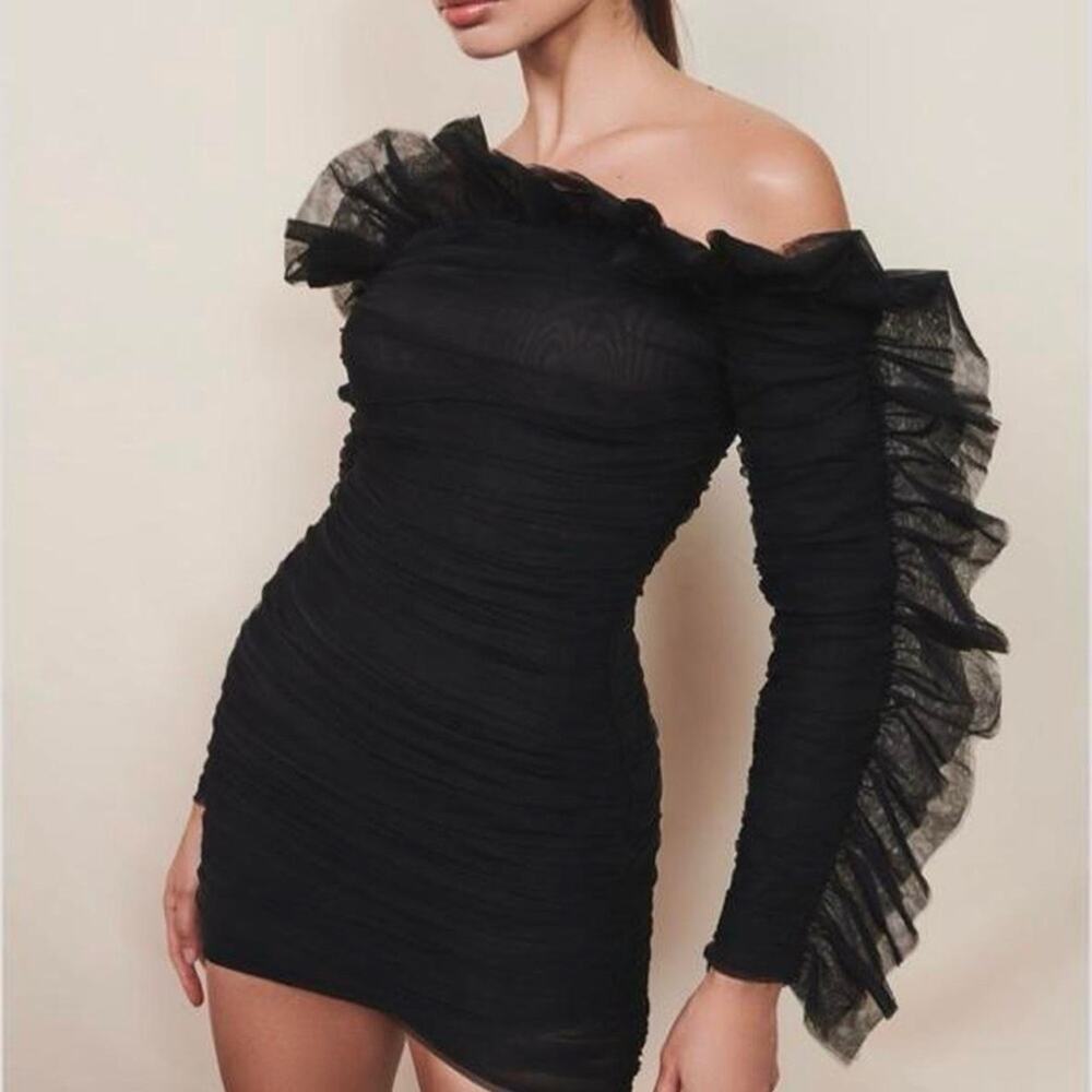 NWT Mimii London Black Ruffle Ruched Long Sleeve Dress Womens Size S